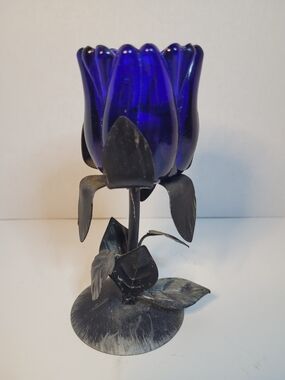 Cobalt Blue Glass Tulip Votive Holder with Metal Leaf Base